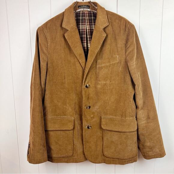 L.L. Bean Other - LL Bean Blazer Mens 40R Camel Corduroy Flannel Plaid Lined Button Up Jacket